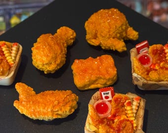 Handmade Realistic Mini Fried Chicken Magnets, Crispy Chicken, Fries & Ketchup Food Set