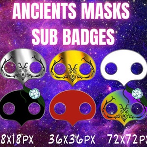 May include: Five different colored masks with a flower design. The masks are in a variety of sizes, with the text "18x18px", "36x36px", and "72x72px" below them. The text "ANCIENTS MASKS SUB BADGES" is at the top of the image.