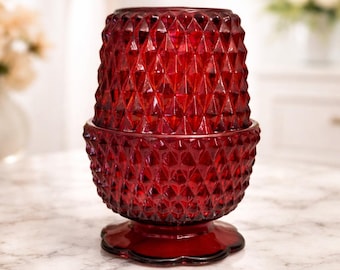 Vintage Fairy Lamp Ruby Red| Indiana Glass Diamond Point Candle Holder (minor flashing)