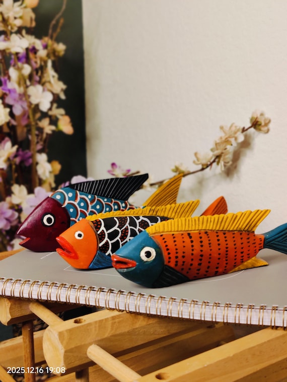 Vintage Hand-Carved Wooden Fish, Mexican Folk Art, Bright Nautical Decor
