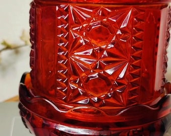 Vintage Indiana Glass Ruby Red Fairy Lamp – Stars and Bars Pattern