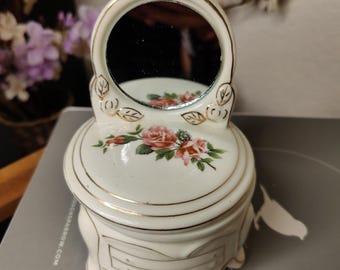 Vintage Floral Ceramic Trinket Box with Mirror | Dresser Style
