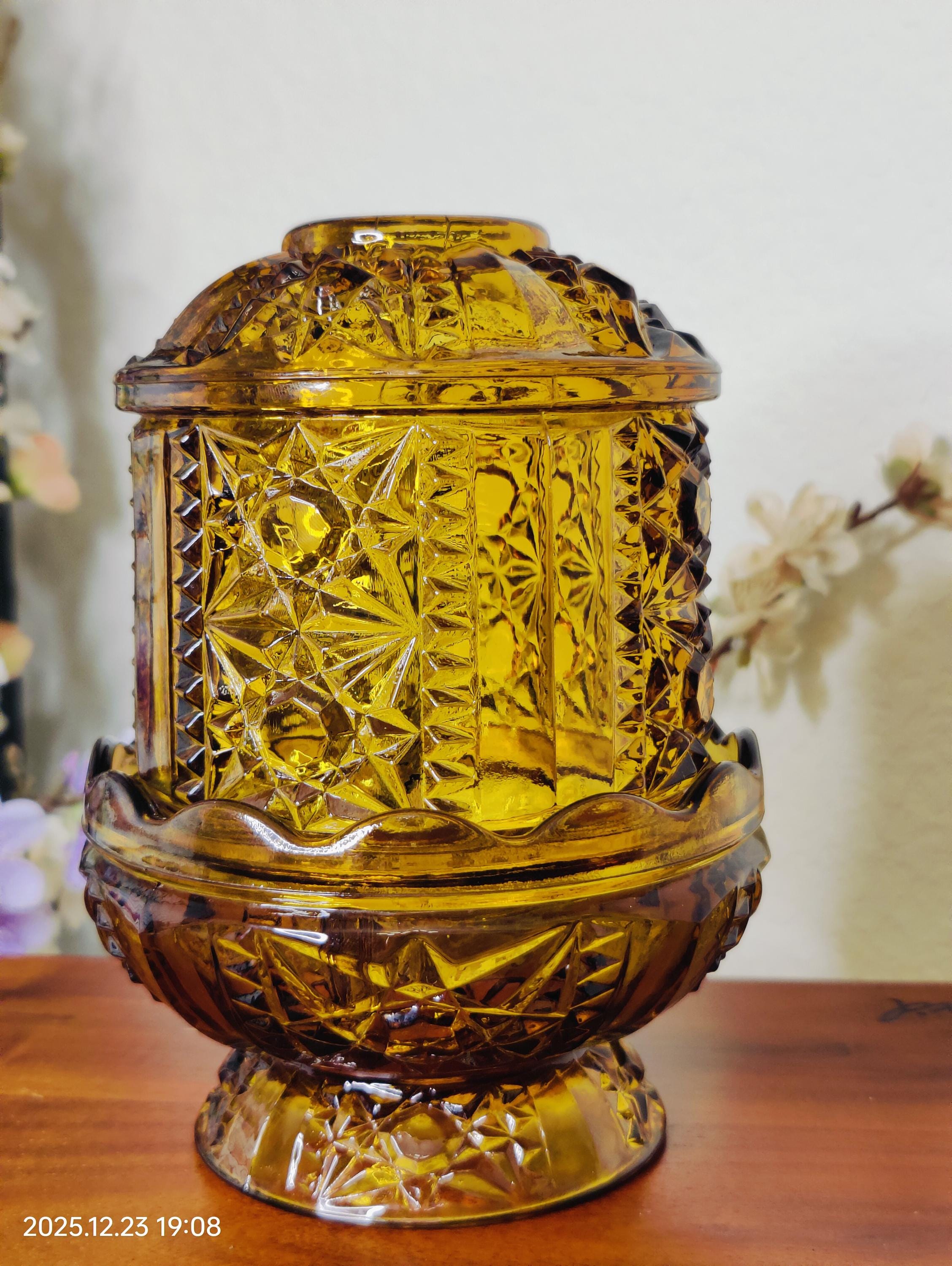 Vintage Amber Fairy Lamp | Indiana Glass Starburst Candle Holder