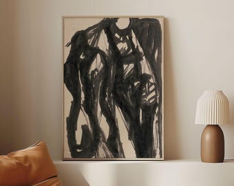 Póster de dibujo abstracto en tinta, arte mural minimalista vintage, obra expresionista, decoración moderna para el hogar, descarga digital
