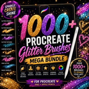 Pack de plus de 1000 pinceaux à paillettes pour Procreate | Pinceaux à textures scintillantes, chatoyantes, lumineuses, néon, métalliques et pailletées pour l'art numérique sur iPad