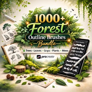 Könnte beinhalten: Werbebild für ein digitales Kunstpaket. Der Text lautet "1000+ Forest Outline Brushes Bundle" mit Illustrationen von Bäumen, Blättern, Gras, Pflanzen und Moos. Ein Tablet zeigt Pinselbeispiele, und ein Skizzenbuch zeigt Baumskizzen.