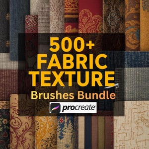 Op de afbeelding: Een verzameling stoffen texturen in diverse kleuren en patronen. De afbeelding toont verschillende stoffen rollen en stalen, met een centrale tekstlaag die "500+ FABRIC TEXTURE Brushes Bundle" en het Procreate-logo weergeeft.