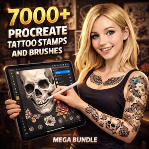 Könnte beinhalten: Digitale Illustration einer Frau, die ein Tablet mit Tattoo-Designs hält. Das Tablet zeigt einen Schädel und florale Elemente. Der Text auf dem Bild lautet "7000+ PROCREATE TATTOO STAMPS AND BRUSHES" und "MEGA BUNDLE". Die Frau hat Tattoos auf Brust und Arm.