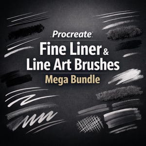 Op de afbeelding: Een zwarte achtergrond toont witte en zwarte penseelstreken. De tekst "Procreate Fine Liner & Line Art Brushes Mega Bundle" staat in wit en goud.