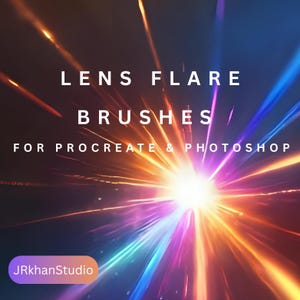 Puede incluir: Imagen de arte digital abstracto con una fuente de luz central brillante que irradia efectos de destello de lente coloridos. El texto dice "LENS FLARE BRUSHES / FOR PROCREATE & PHOTOSHOP" con el logotipo "JRkhanStudio".