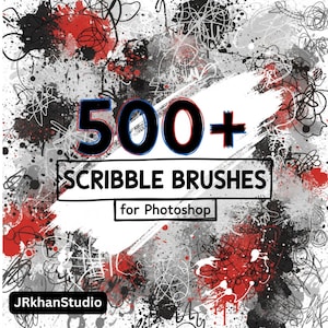 May include: Digital graphic with a white backdrop, showcasing red, black, and grey paint splatters and scribbles. The text "500+ SCRIBBLE BRUSHES for Photoshop" is in a black rectangle. The artist's name, "JRKhanStudio," is at the bottom of the image.