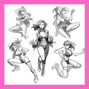 May include: A collection of five dynamic pencil sketches of female figures in various action poses. The illustrations are in a comic book style, with detailed shading and emphasis on movement and anatomy. The figures are wearing athletic or superhero-inspired outfits.