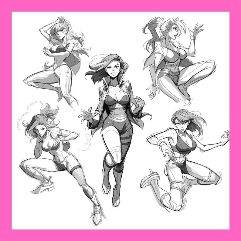 May include: A collection of five dynamic pencil sketches of female figures in various action poses. The illustrations are in a comic book style, with detailed shading and emphasis on movement and anatomy. The figures are wearing athletic or superhero-inspired outfits.