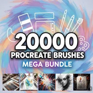 May include: An image with the text "20000 Procreate Brushes MEGA BUNDLE" over a colorful background. The image includes illustrations of paint palettes, paintbrushes, and examples of artwork created with the brushes.