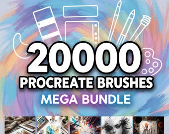 May include: An image with the text "20000 Procreate Brushes MEGA BUNDLE" over a colorful background. The image includes illustrations of paint palettes, paintbrushes, and examples of artwork created with the brushes.