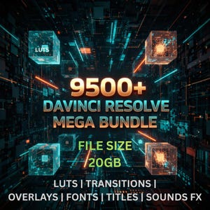 Megabundel DaVinci Resolve Super Creator met meer dan 9500 elementen | LUT's, overgangen, titels, overlays, lettertypen en effecten | Werkt op elke framesnelheid | Geen plug-ins nodig