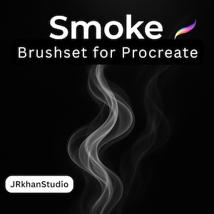 Könnte beinhalten: Eine digitale Grafik mit dem Wort "Smoke" in Weiß, über "Brushset for Procreate" auf schwarzem Hintergrund. Weiße Rauchschwaden steigen von unten auf. Das Logo "JRKhanStudio" befindet sich in einem weißen Rechteck unten.