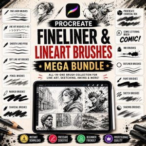 May include: A digital brush set for Procreate titled Procreate Fineliner & Lineart Brushes Mega Bundle. The image displays various brush stroke samples, including fine liner, ink, charcoal, and sketch brushes, alongside a tablet showing illustrations.