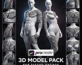 Pacchetto di modelli umani e tatuaggi 3D Procreate | Modelli del corpo maschile e femminile | Kit di strumenti definitivo per tatuatori e designer