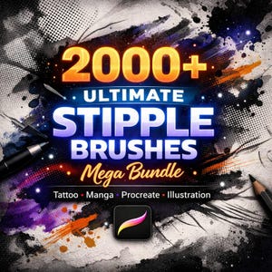 Könnte beinhalten: Grafik für digitale Kunst mit dem Text "2000+ Ultimate Stipple Brushes Mega Bundle". Das Design zeigt orangefarbenen, weißen und lila Text mit schwarzem Hintergrund und Farbspritzereffekten. Enthält das Procreate App-Symbol und die Wörter "Tattoo, Manga, Procreate, Illustration."