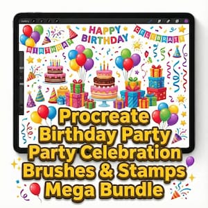 Puede incluir: Una tableta digital muestra un colorido tema de fiesta de cumpleaños. La imagen incluye pasteles de cumpleaños, regalos envueltos, globos, gorros de fiesta y las palabras "Happy Birthday" y "Celebrate". También se ve el texto "Procreate Birthday Party Party Celebration Brushes & Stamps Mega Bundle".