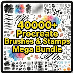 Könnte beinhalten: Ein digitales Kunstpaket, das auf einem Tablet-Bildschirm angezeigt wird. Das Bild zeigt eine Sammlung von Pinseln, Stempeln und Aquarelleffekten. Der Text lautet "40000+ Procreate Brushes & Stamps Mega Bundle" in Gelb. Enthält Blätter, Tiere und dekorative Elemente.
