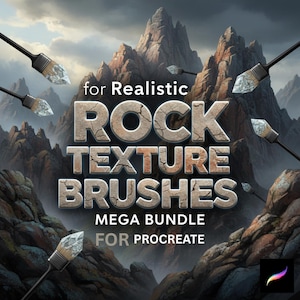 May include: Image promoting "Rock Texture Brushes" for Procreate, featuring a mountain backdrop and paintbrushes. The text reads "for Realistic ROCK TEXTURE BRUSHES MEGA BUNDLE FOR PROCREATE."
