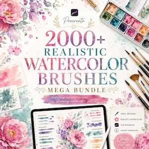 Könnte beinhalten: Werbung für ein digitales Kunstpaket mit dem Text "2000+ Realistic Watercolor Brushes Mega Bundle" und floralen Illustrationen. Das Bild zeigt ein Tablet, Aquarellpinsel und eine Palette, um digitales Kunstzubehör für Procreate zu bewerben.