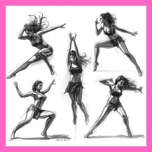 May include: A grayscale illustration featuring five dynamic poses of a person in athletic attire. The poses showcase movement and energy, with arms and legs extended. The artwork is set against a pink border.