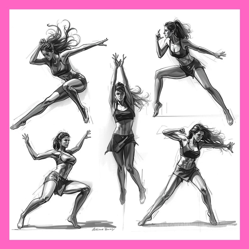 May include: A grayscale illustration featuring five dynamic poses of a person in athletic attire. The poses showcase movement and energy, with arms and legs extended. The artwork is set against a pink border.