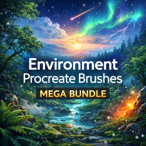 May include: Digital art image featuring a scenic landscape with a river, trees, and a starry sky with aurora borealis. The text "Environment Procreate Brushes MEGA BUNDLE" is displayed in white and gold.