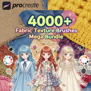 Könnte beinhalten: Digitales Kunstpaket für Procreate mit über 4000 Stofftextur-Pinseln. Das Bild zeigt drei Mädchen im Anime-Stil, Stoffmuster, Pinsel und das Procreate-Logo.