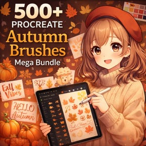 Pode incluir: Ilustração promocional de um mega pacote de pincéis de outono para Procreate. A imagem apresenta um personagem em estilo anime segurando um tablet exibindo arte digital com tema de outono. O texto inclui "500+ Procreate Autumn Brushes Mega Bundle".