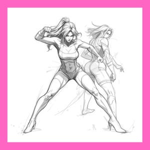 May include: A pencil sketch of a woman in athletic wear, posed in a dynamic fighting stance. The figure is in motion, with one arm raised and the other bent. A second, fainter figure is behind her. The woman is wearing shorts and a sports bra.