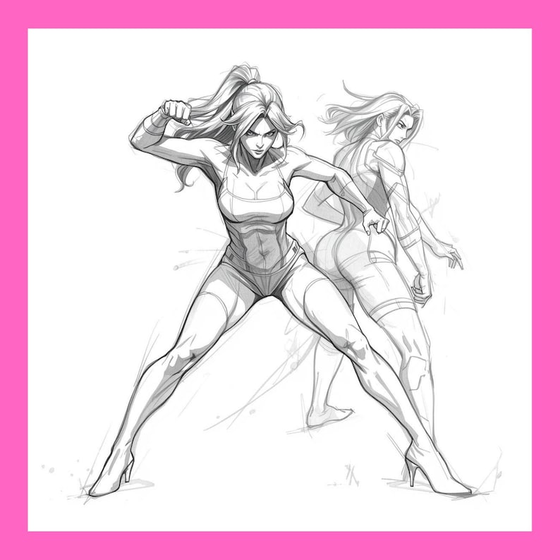 May include: A pencil sketch of a woman in athletic wear, posed in a dynamic fighting stance. The figure is in motion, with one arm raised and the other bent. A second, fainter figure is behind her. The woman is wearing shorts and a sports bra.