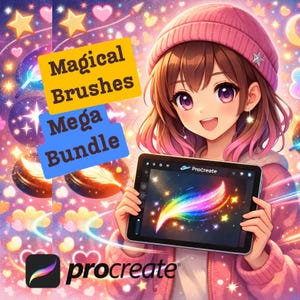 Könnte beinhalten: Digital-Art-Illustration mit einem lächelnden Anime-Charakter, der ein Tablet mit einem farbenfrohen Pinselstrich hält. Auf dem Tablet ist das Procreate-App-Logo zu sehen. Der Text auf dem Bild lautet "Magical Brushes Mega Bundle".
