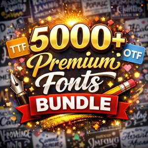 Könnte beinhalten: Grafik, die ein Schriftarten-Bundle bewirbt. Der Text "5000+ Premium Fonts Bundle" ist in Gold und Weiß dargestellt, mit einer Stift- und Bleistiftgrafik. TTF- und OTF-Dateityp-Symbole sind ebenfalls vorhanden, vor dunklem Hintergrund.