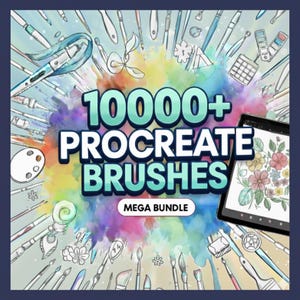 May include: An image showcasing a variety of art brushes and a tablet with floral designs. The central text reads "10000+ PROCREATE BRUSHES MEGA BUNDLE" against a vibrant, multi-colored backdrop, framed by a dark blue border.