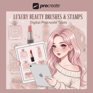 Könnte beinhalten: Digitale Kunst, die für Procreate's Luxus-Beauty-Pinsel und -Stempel wirbt. Das Bild zeigt eine Frau mit rosa Haaren, die ein Tablet hält, auf dem digitale Illustrationen von Schönheitsprodukten zu sehen sind. Der Text lautet "LUXURY BEAUTY BRUSHES & STAMPS" und "Digital Procreate Tools".