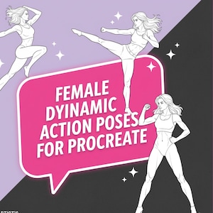 May include: Digital art print featuring three dynamic female figure poses in athletic wear. The image has a purple and black background with the text "FEMALE DYNAMIC ACTION POSES FOR PROCREATE" in a pink speech bubble.