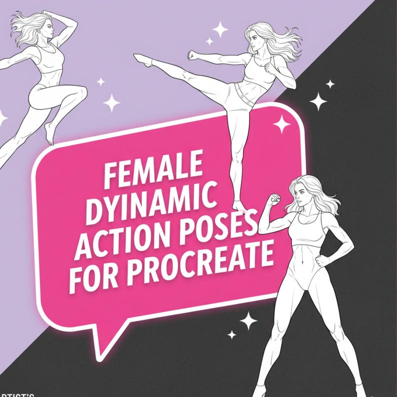 May include: Digital art print featuring three dynamic female figure poses in athletic wear. The image has a purple and black background with the text "FEMALE DYNAMIC ACTION POSES FOR PROCREATE" in a pink speech bubble.