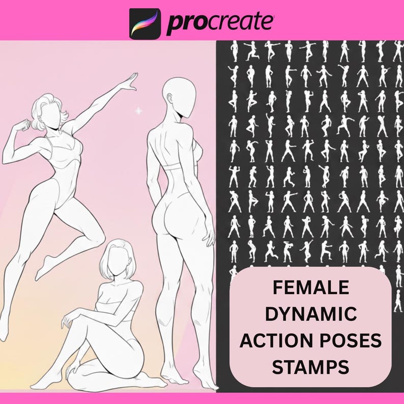 May include: Digital art stamps for Procreate featuring female dynamic action poses. The image shows several line art figures in various poses, along with a grid of silhouette poses. The Procreate logo is in the top left corner.