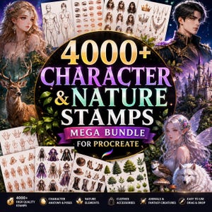 May include: A digital asset collection titled 4000+ CHARACTER & NATURE STAMPS MEGA BUNDLE FOR PROCREATE. The image displays various artistic stamps including human figures, facial features, jewelry, clothing, footwear, trees, and animals.