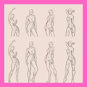 May include: Eight figure sketches in various poses, drawn in black lines on a light beige background, framed by a bright pink border. The sketches depict the human form, with simplified facial features and body outlines.