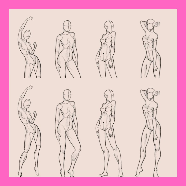 May include: Eight figure sketches in various poses, drawn in black lines on a light beige background, framed by a bright pink border. The sketches depict the human form, with simplified facial features and body outlines.