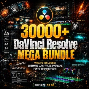 Puede incluir: Imagen promocional de un Mega Bundle de DaVinci Resolve, con el texto "30000+" en letras doradas. La imagen incluye LUTs cinemáticas, títulos, superposiciones, fuentes y efectos de sonido. También se ve una claqueta y un tamaño de archivo de 50 GB.