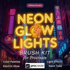 May include: A digital art brush kit for Procreate featuring neon glow lights. The image displays the words "NEON GLOW LIGHTS" in a bright yellow neon font, with additional text indicating color palettes, light effects, and neon tubes.