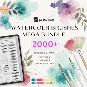 May include: An advertisement for a digital art bundle, showing a tablet with brush strokes, watercolor brushes, and the Procreate logo. The text reads "WATERCOLR BRUSHES MEGA BUNDLE 2000+" with details about brushes, sketches, canvases, and colour palettes.