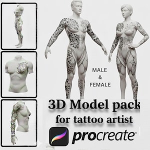 Könnte beinhalten: Ein 3D-Modellpaket für Tätowierer, das männliche und weibliche Figuren mit aufwendigen Tattoo-Designs zeigt. Das Bild enthält mehrere Ansichten der Modelle sowie das Procreate-Logo und Text.