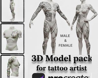 May include: A 3D model pack for tattoo artists, featuring male and female figures with intricate tattoo designs. The image includes multiple views of the models, along with the Procreate logo and text.